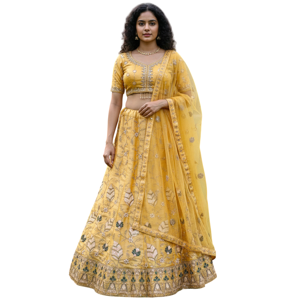 Women's Traditional Organza Fabric Unstitched Lehenga Choli Built-in Cancan-Yell
