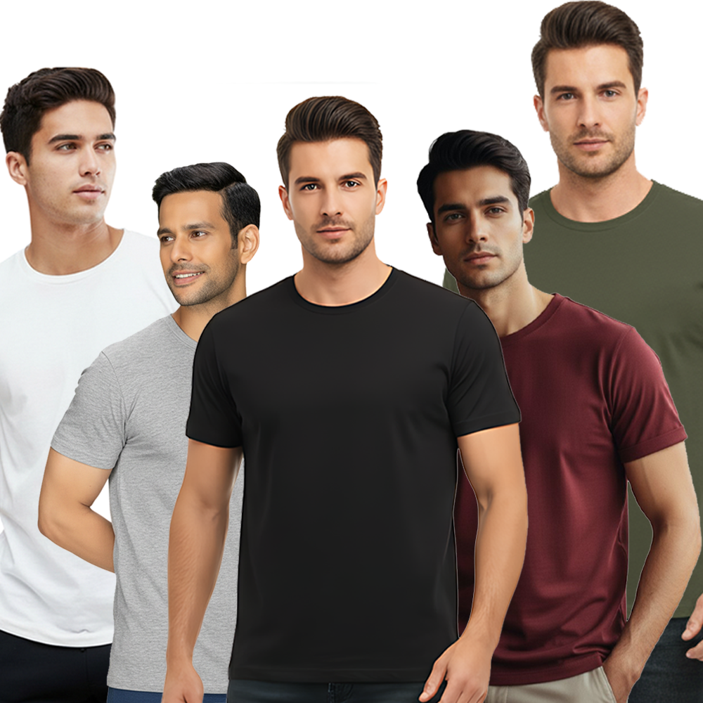 Men Round Neck Cotton Blend Multicolor  Fit T-Shirts (Pack Of 5)