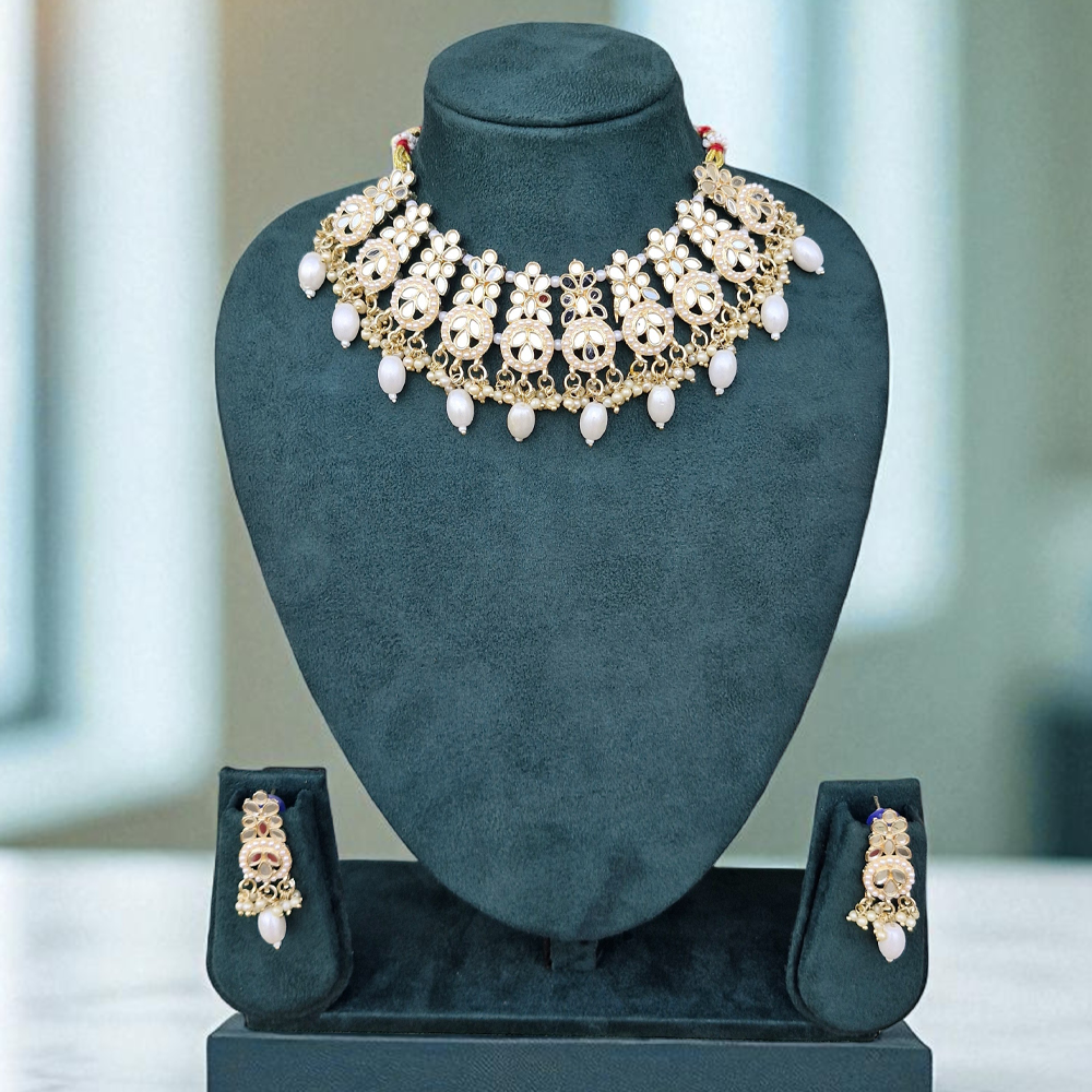 Mirror Work with white pearl With Adjustable threat Indian Necklace, Earing