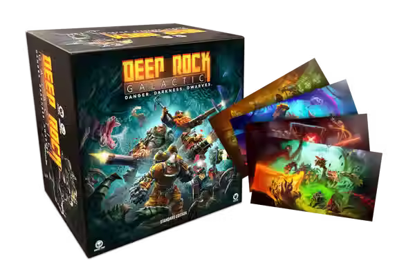 Spielebox und vier bunten thematischen Karten