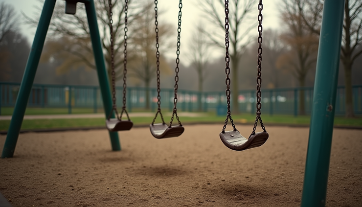 Eye-level view of a quiet, empty playground with swings gently moving in the breeze