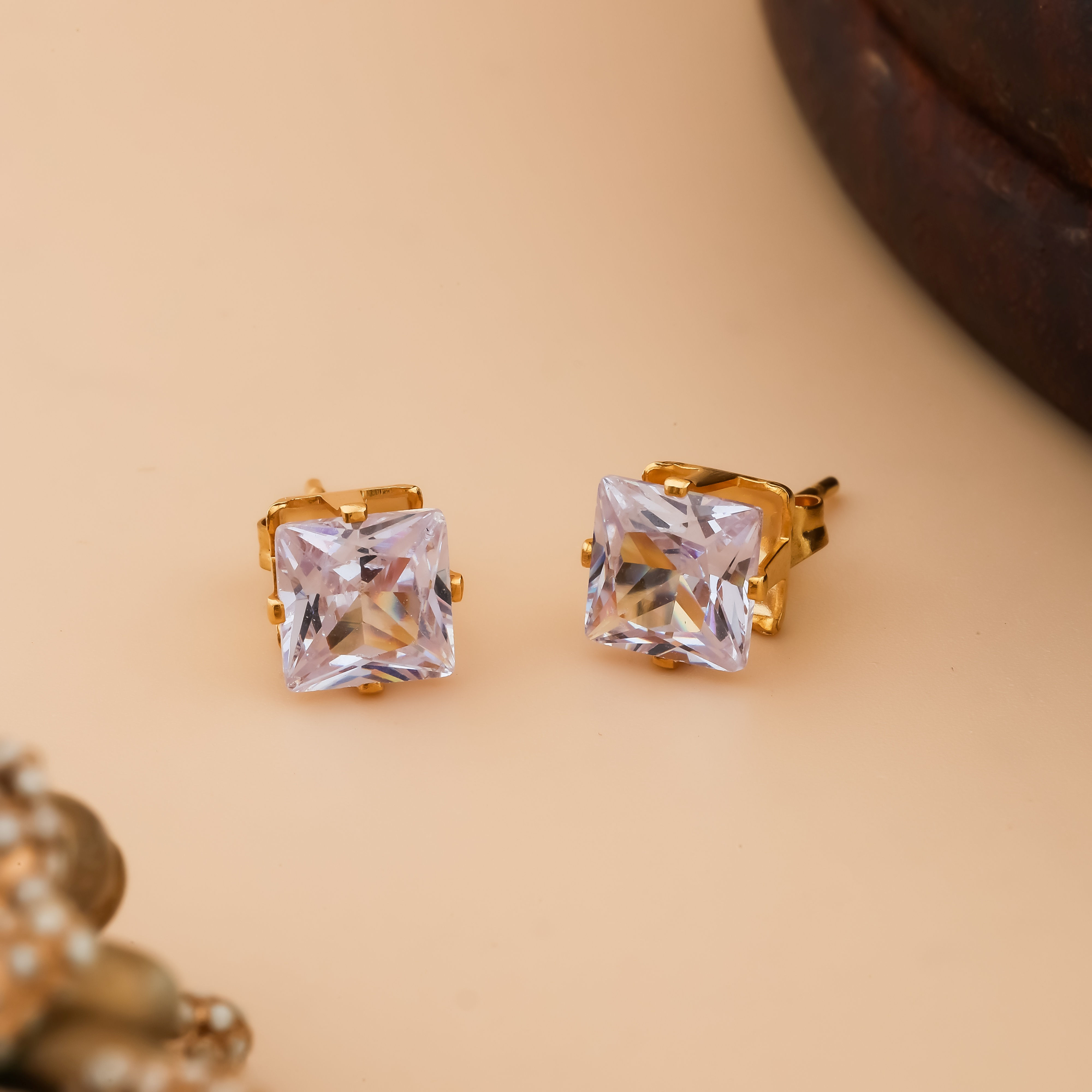 Gold Tone Princess Cut Crystal Stud Earrings