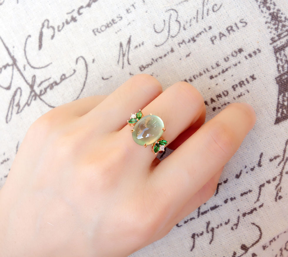 Thumbnail: 18K Solid Gold Natural Cabochon Prehnite Statement Ring with Tsavorite Leaves and Diamonds, Green Cabochon Gemstone Ring, Gra