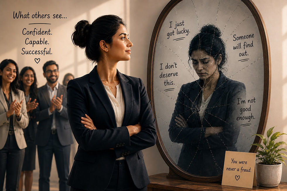 Illustration representing imposter syndrome, self-doubt, perfectionism, and the journey toward greater confidence and self-worth.