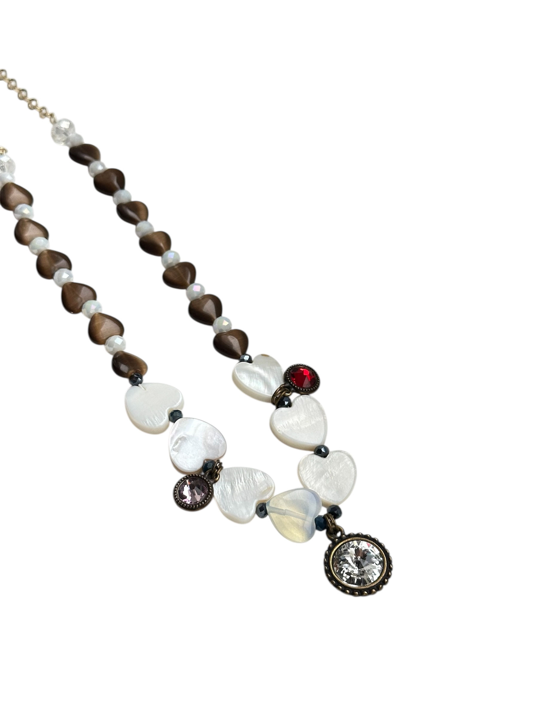 Mocha Love Shell Hearts & Crystal Necklace