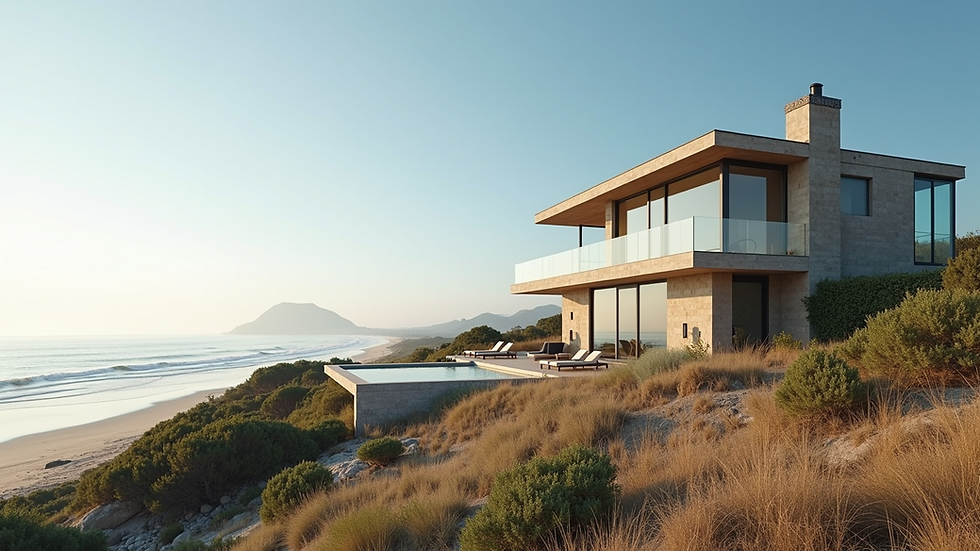 Vista panorámica de una residencia en la playa con grandes ventanales