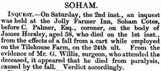 Coroners’ inquests were often held at pubs, and on Saturday 2nd April 1887 an inquest was held at the Jolly Farmers regarding the death of a James Horsley, employed at the nearby Tilehouse Farm, who fell from his cart.