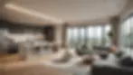 Wide angle view of a spacious open-concept living area