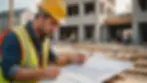 Eye-level view of a construction worker analyzing renovation plans