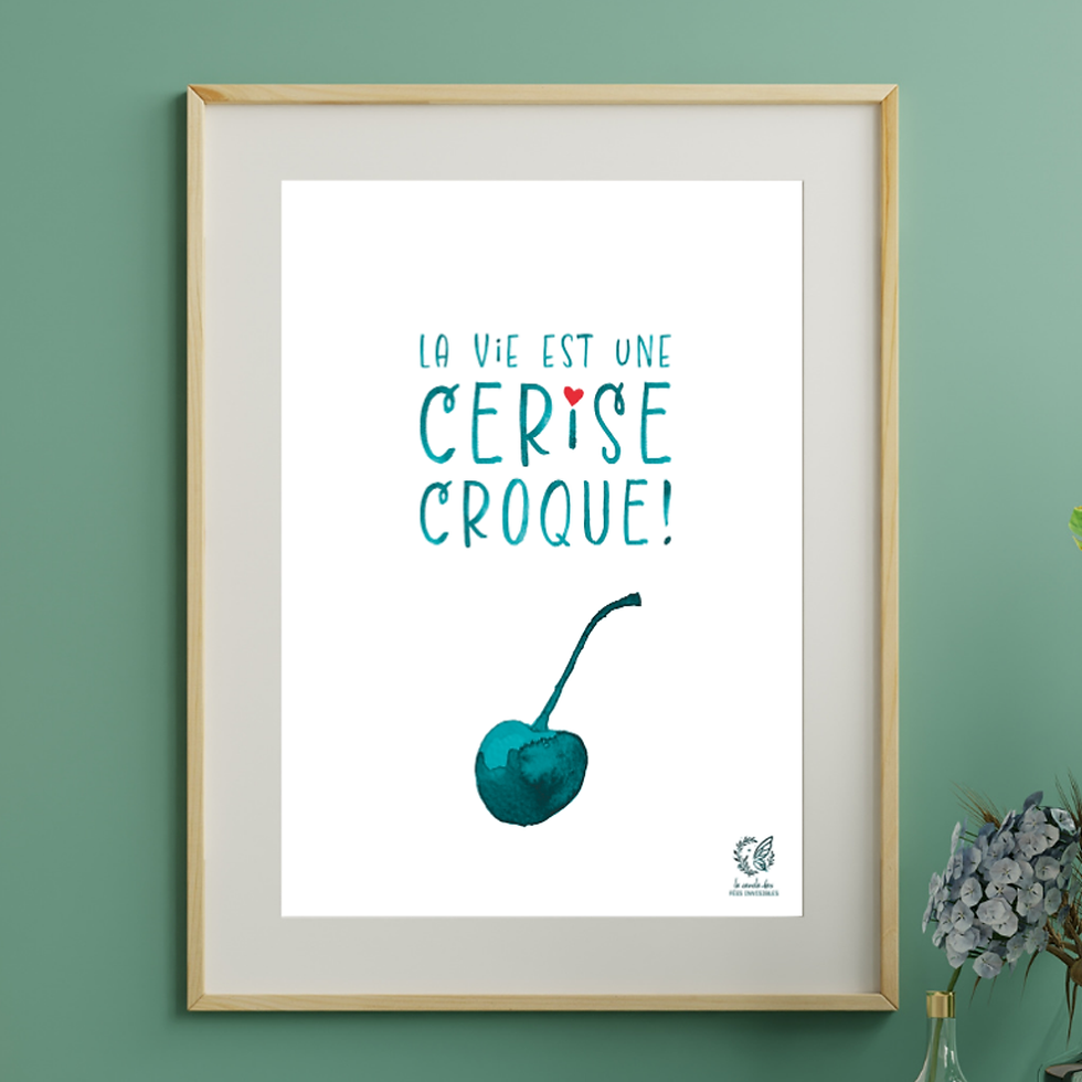 une belle cerise prête à être croquée. Illustration aquarelle dans les tons verts