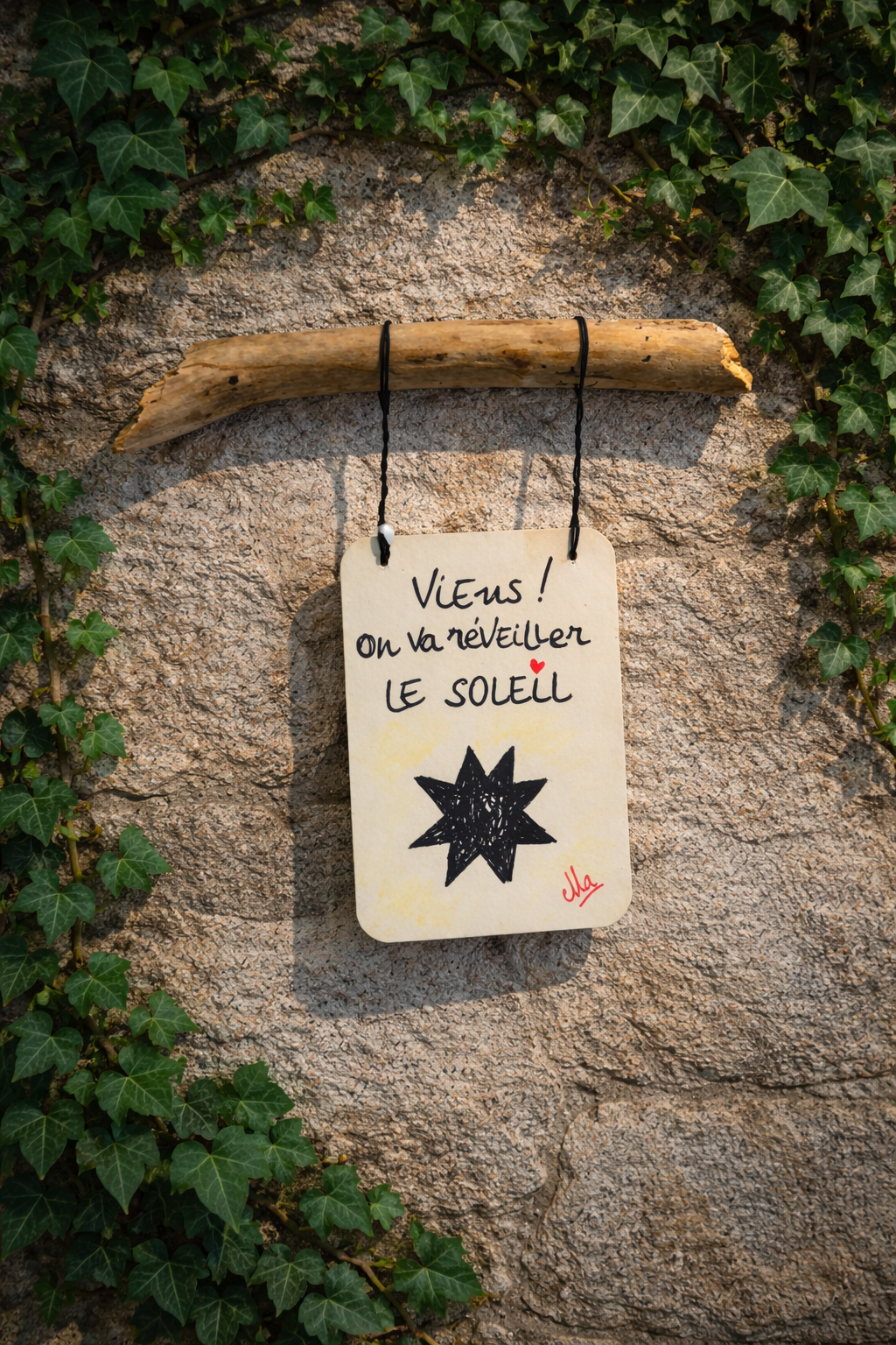 une branche à messages qui dit: viens, on va réveiller le soleil ! sur un mur de pierre avec du lierre