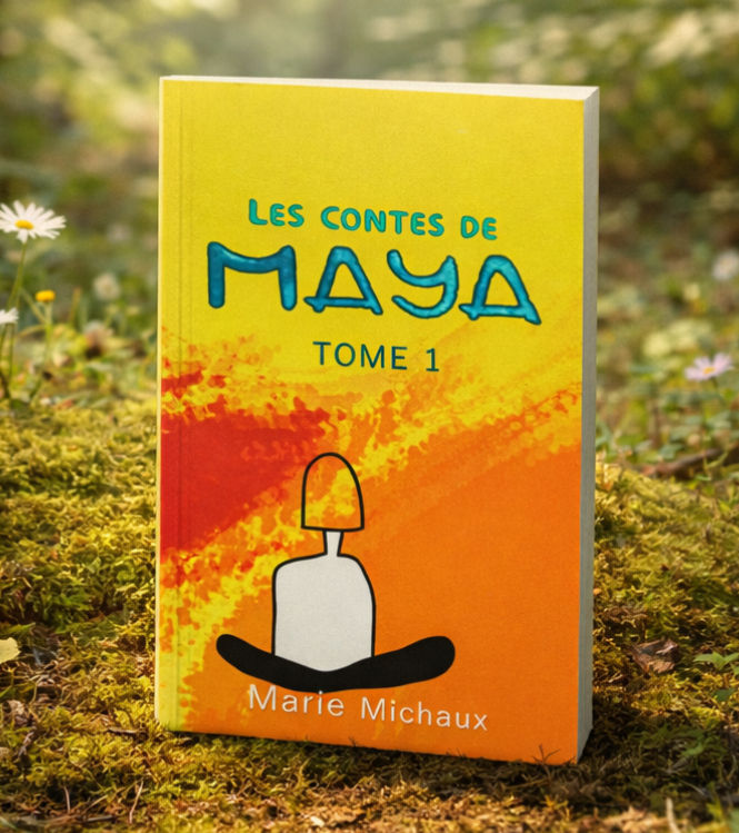livre "les contes de Maya - tome1". La couverture est jaune et orange avec une silhouette qui médite