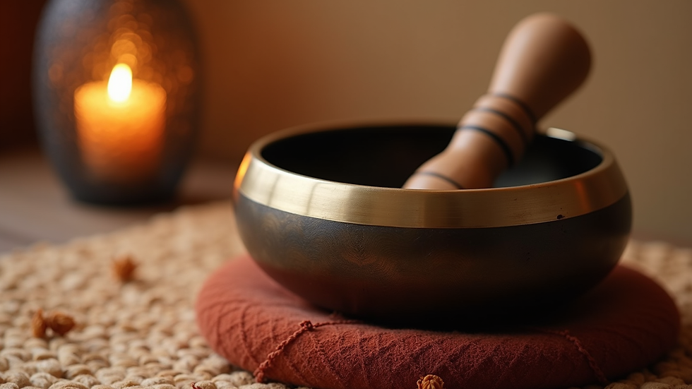 Close-up of a singing bowl with a wooden striker on a meditation altar