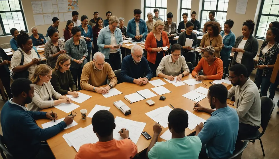 High angle view of a community meeting discussing knife violence intervention strategies