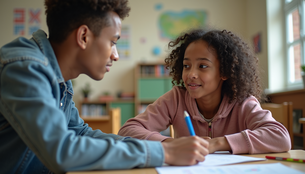 Eye-level view of a mentor and mentee discussing a project in a community centre