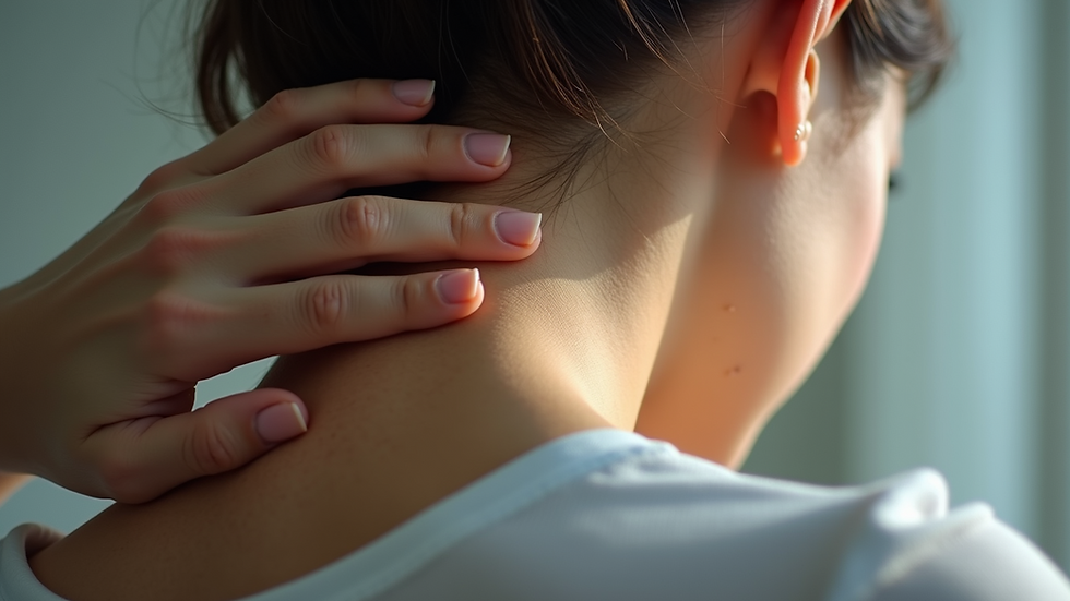 Eye-level view of a person gently stretching their neck muscles