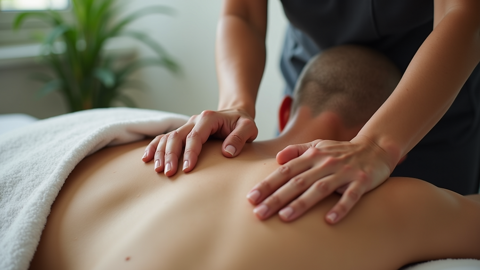 Close-up view of massage therapist applying firm pressure on back muscles
