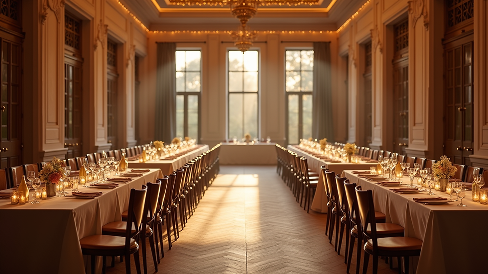 Wide angle view of an elegant event space with tables set for a formal gathering