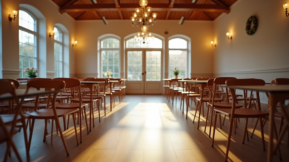 Eye-level view of a cozy community hall with tables and chairs arranged for an event