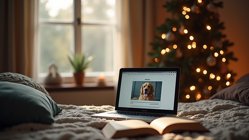 Eye-level view of a cozy reading nook with a laptop open to a dog blog