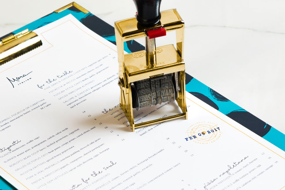 Menu design by Miles Willis McDermott for the upscale Italian restuarant Mora by Chef Scott Conant