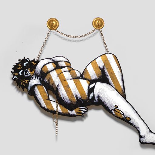 One of a kind giant solid brass anime girl wall art figurine sculpture with raw patinated vintage finish and diagonal striped pattern