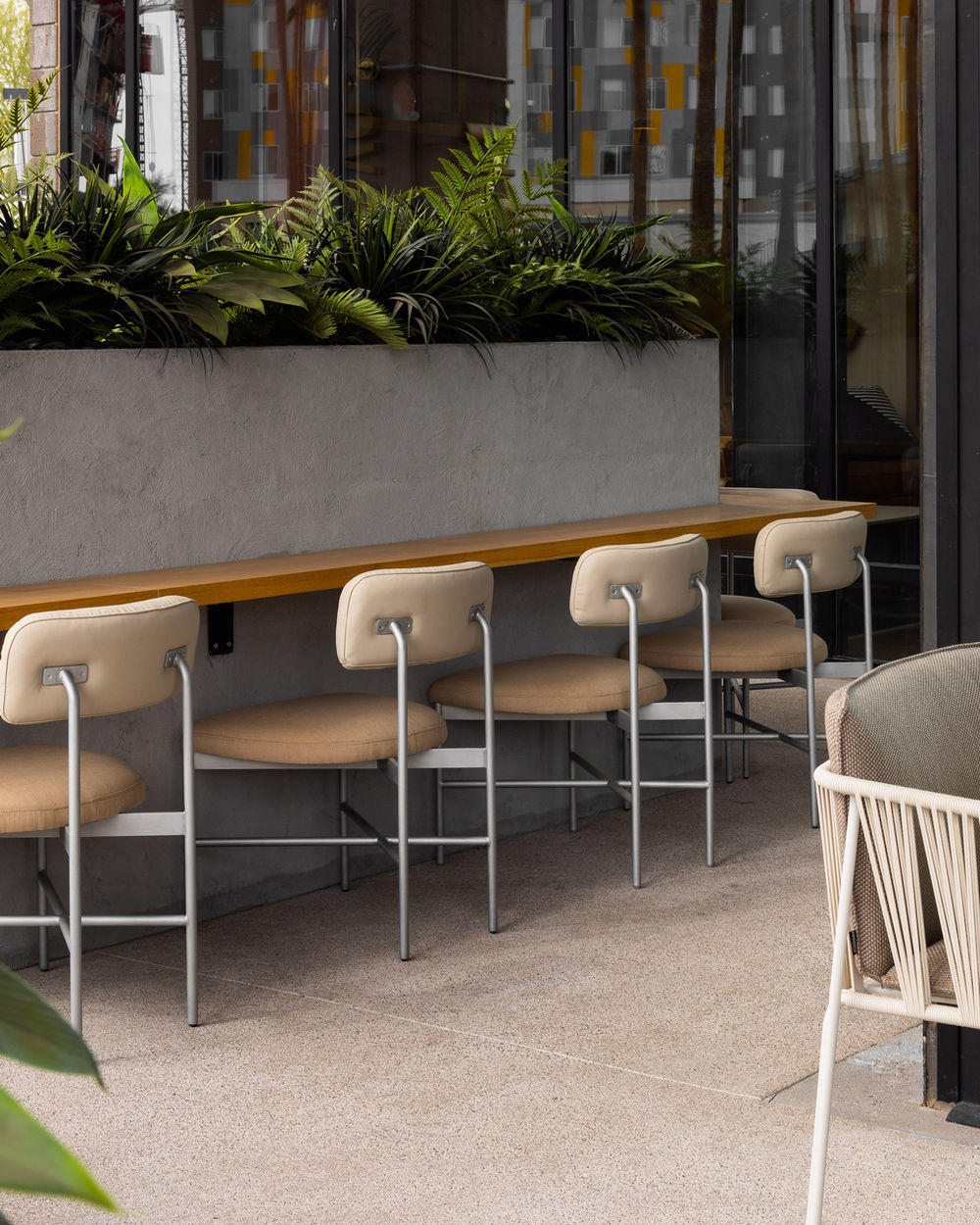 Novo Juice Bar outdoor bar seating with skyline view, Tempe, Arizona.
