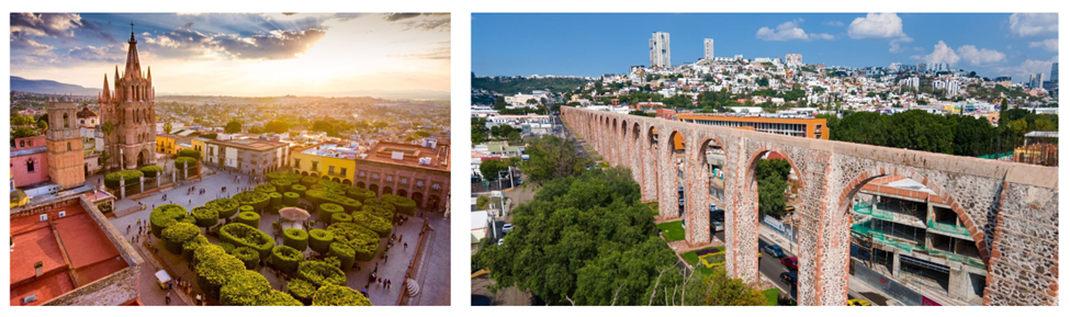 Left image: Sunset over a historic town with a large cathedral and lush garden. Right image: Stone aqueduct above a cityscape with trees.