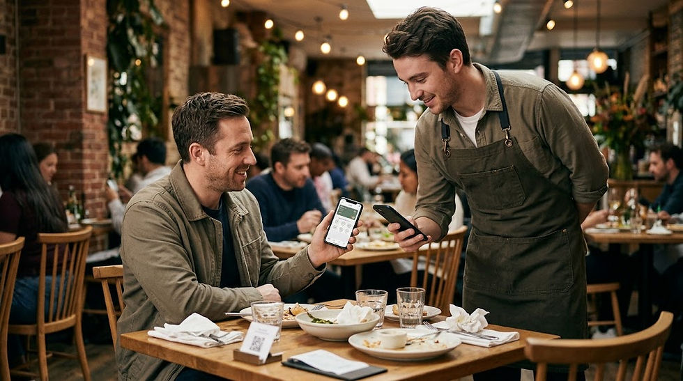 A candid, natural-light photo inside a bustling restaurant where a seated male diner shows a digital loyalty card on his smartphone to an attentive, smiling waiter wearing a green canvas apron. The waiter holds his own phone, preparing to validate the card. On the wooden table are the remains of a meal, water glasses, crumpled napkins, and a small, tented QR code sign for easy customer sign-ups. In the warm, dimly lit background, other patrons dine at busy tables amid brick walls and hanging lights.