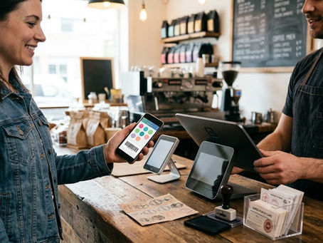A customer at a coffee shop counter displaying a digital punch card on her smartphone to a barista, with traditional paper stamp cards and an ink stamp sitting on the counter.