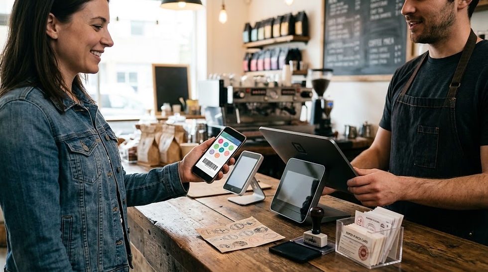 A customer at a coffee shop counter displaying a digital punch card on her smartphone to a barista, with traditional paper stamp cards and an ink stamp sitting on the counter.