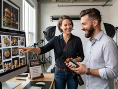 A female photographer and a smiling client review a grid of food photography on a computer monitor in a bright studio setting while discussing a bottle of sauce.