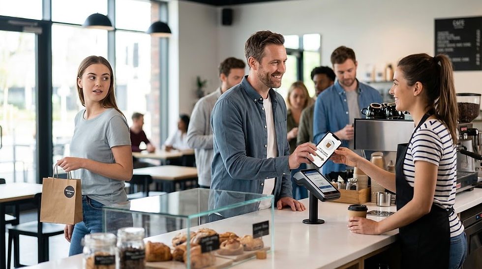 A smiling barista scanning a digital loyalty offer on a customer's smartphone at a modern coffee shop counter.