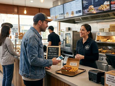 A takeaway customer scans a digital loyalty card on his smartphone to order an exclusive test menu item at the counter.