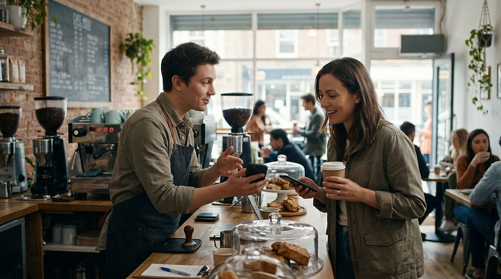 A friendly male barista in a gray apron stands behind a busy coffee shop counter, smiling and gesturing towards a mobile phone held by a happy female customer holding a takeaway coffee cup.