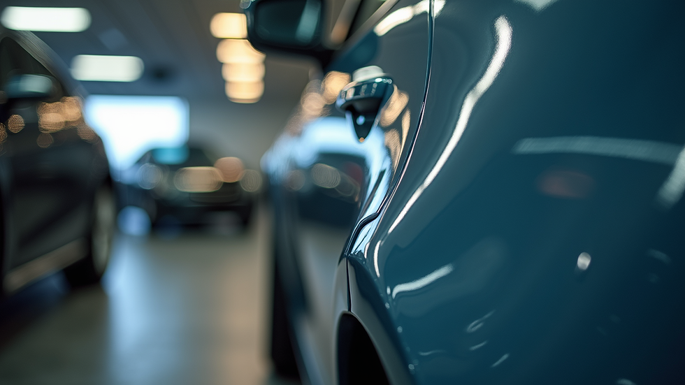 Eye-level view of a shiny car door with paint protection film reflecting light