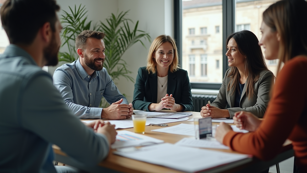 Wide angle view of a diverse team brainstorming marketing strategies