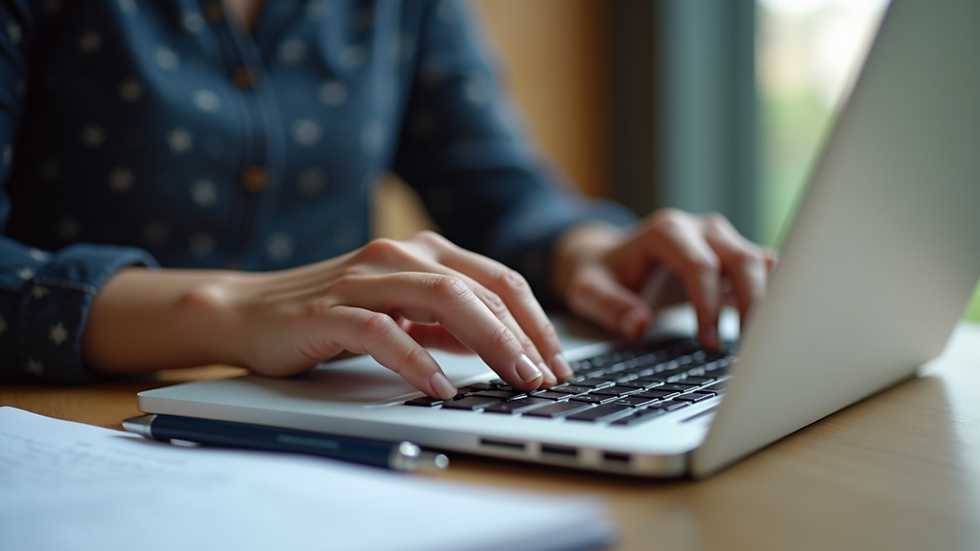 Eye-level view of a person typing on a laptop with notes beside