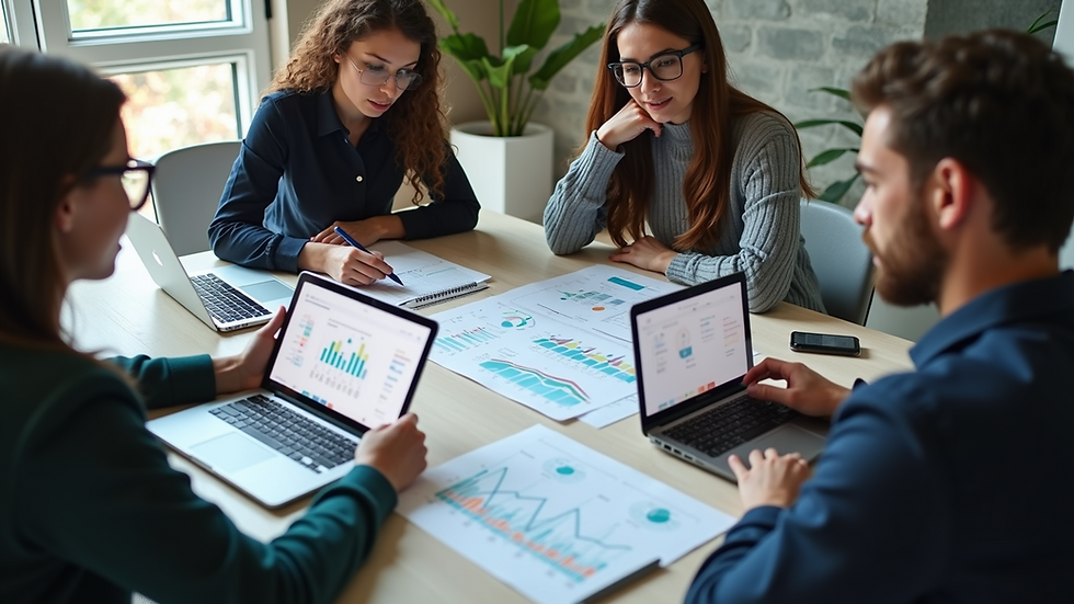 High angle view of a digital marketing team brainstorming with charts and laptops
