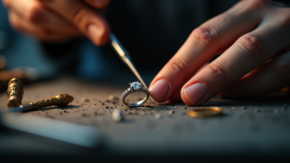 Close-up view of jeweler's tools and a ring being repaired