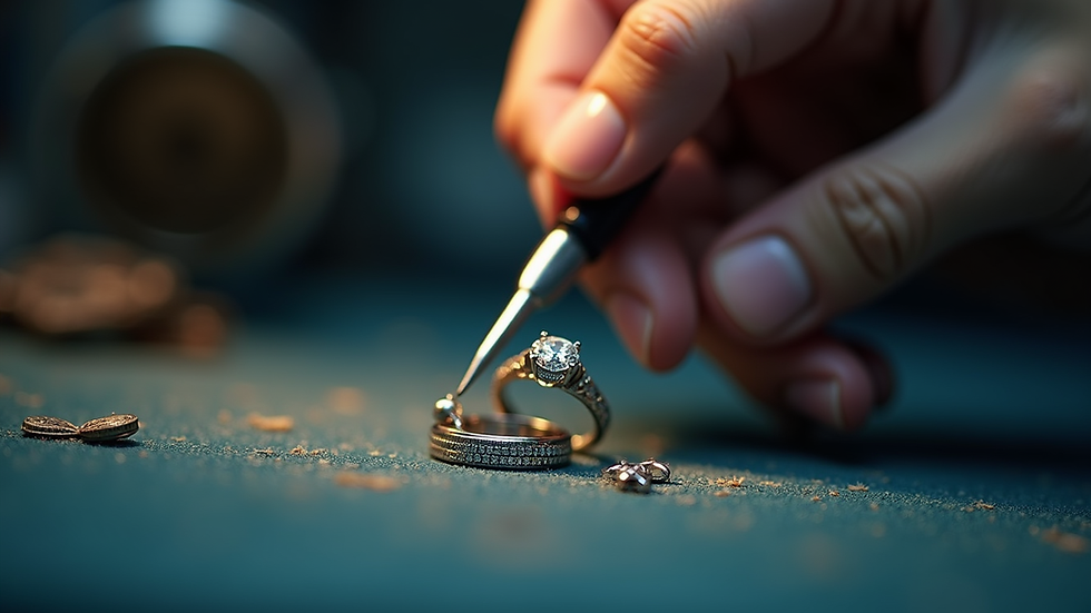 Close-up view of a jeweler repairing a ring with precision tools