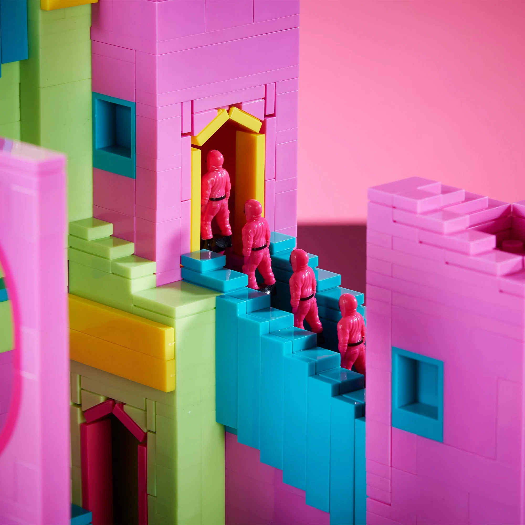 A detail look at the 2025 Mega Netflix Squid Game Staircase Collector Building Set