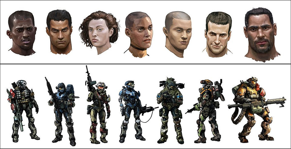 Concept art of Noble Team with final and cut members, including their portraits, for Halo: Reach