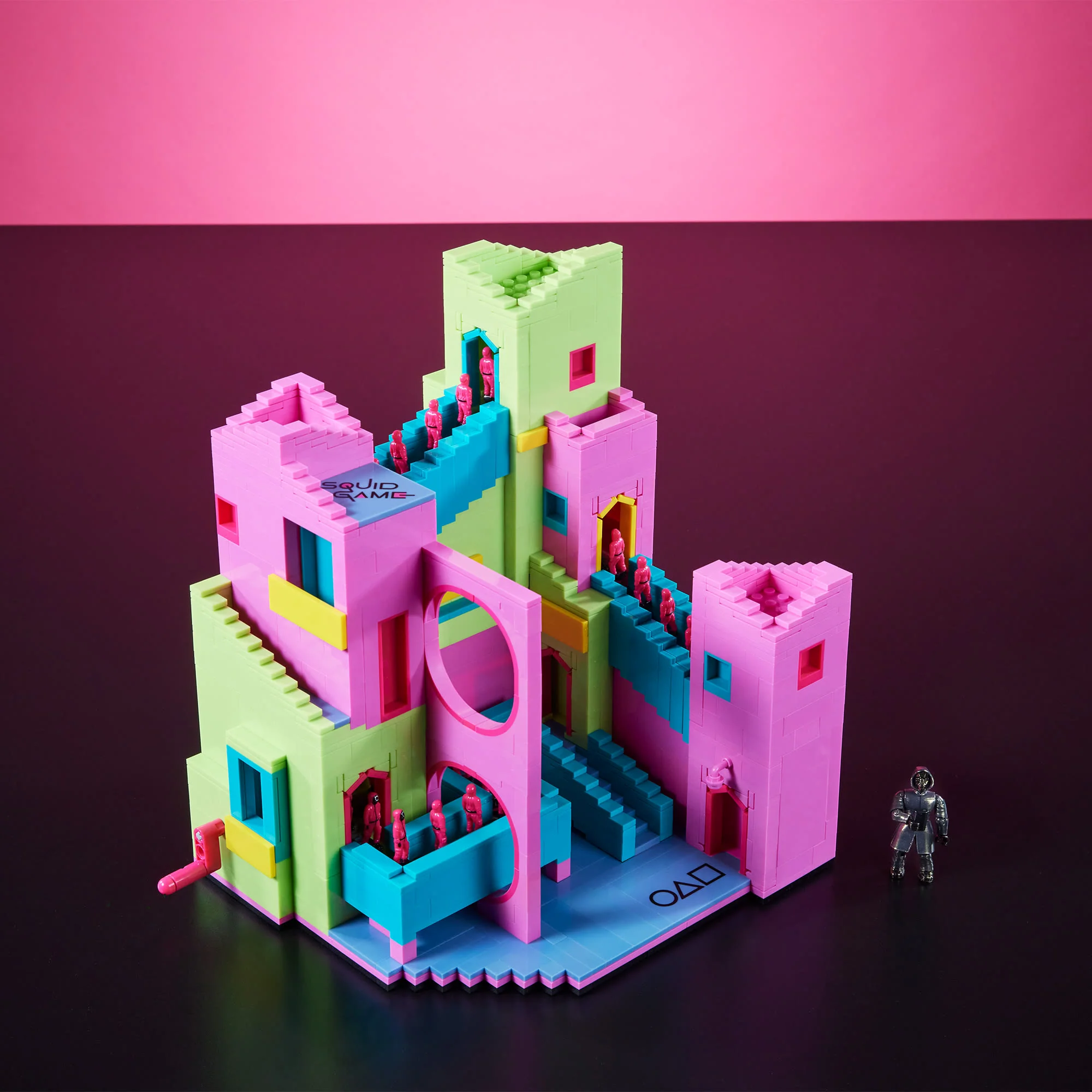 A detail look at the 2025 Mega Netflix Squid Game Staircase Collector Building Set