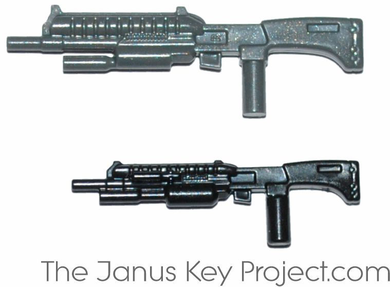 Mega Bloks / Construx M-90 Shotgun comparison. Version 1 top vs Version 2 Bottom. This article provides comprehensive information on the M-90 shotgun featured in the Mega Bloks/Construx Halo series of buildable play sets and action figures.