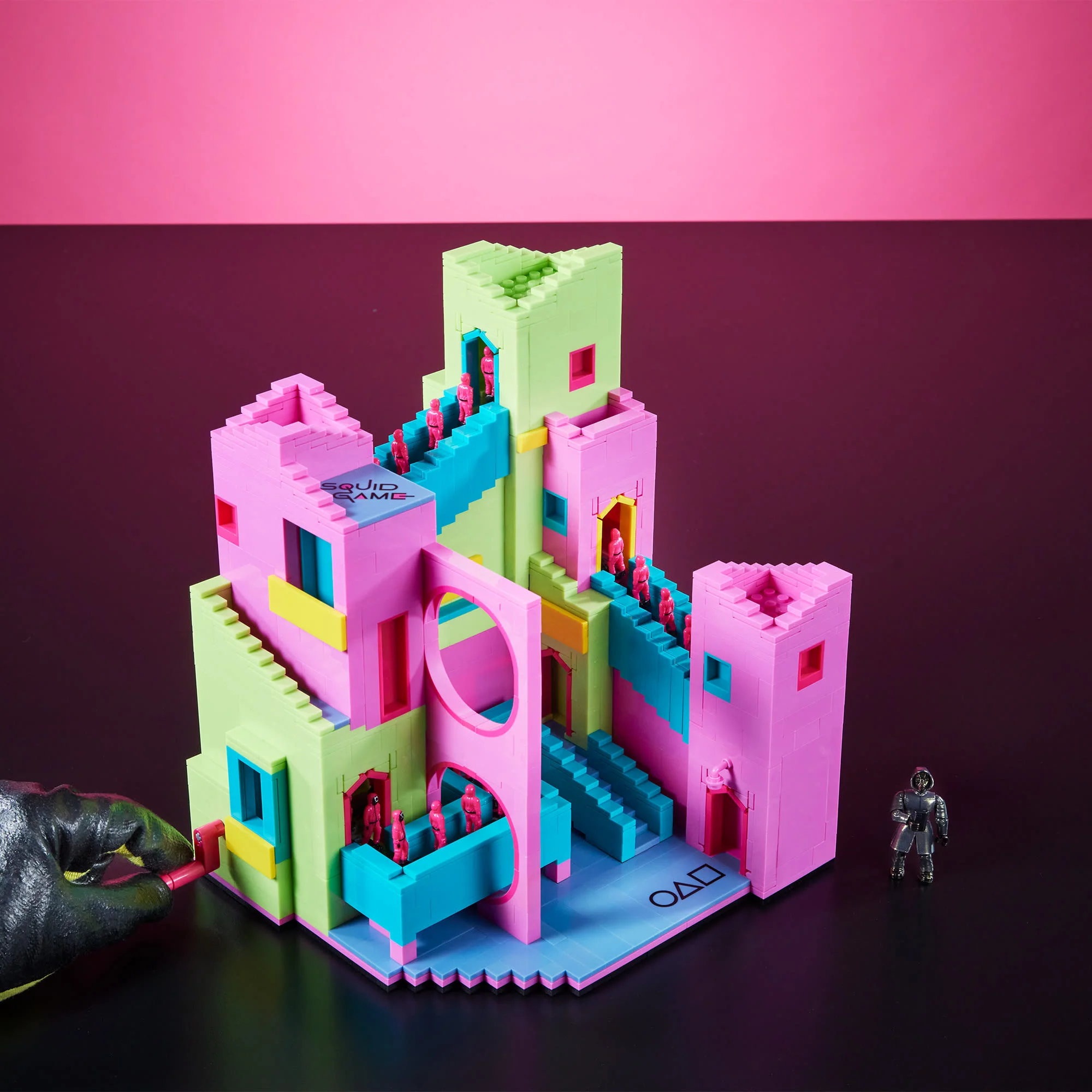 A detail look at the 2025 Mega Netflix Squid Game Staircase Collector Building Set