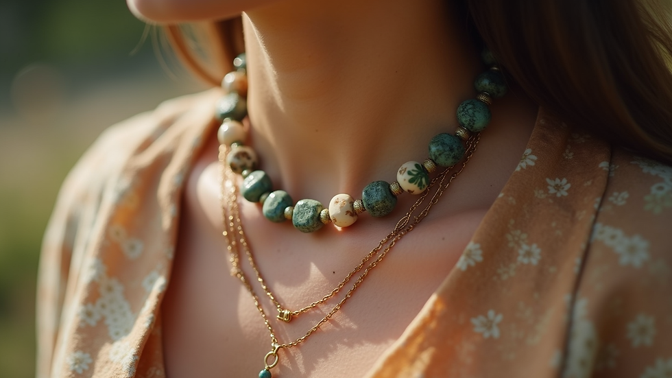 Close-up view of a handcrafted necklace made from sustainable materials