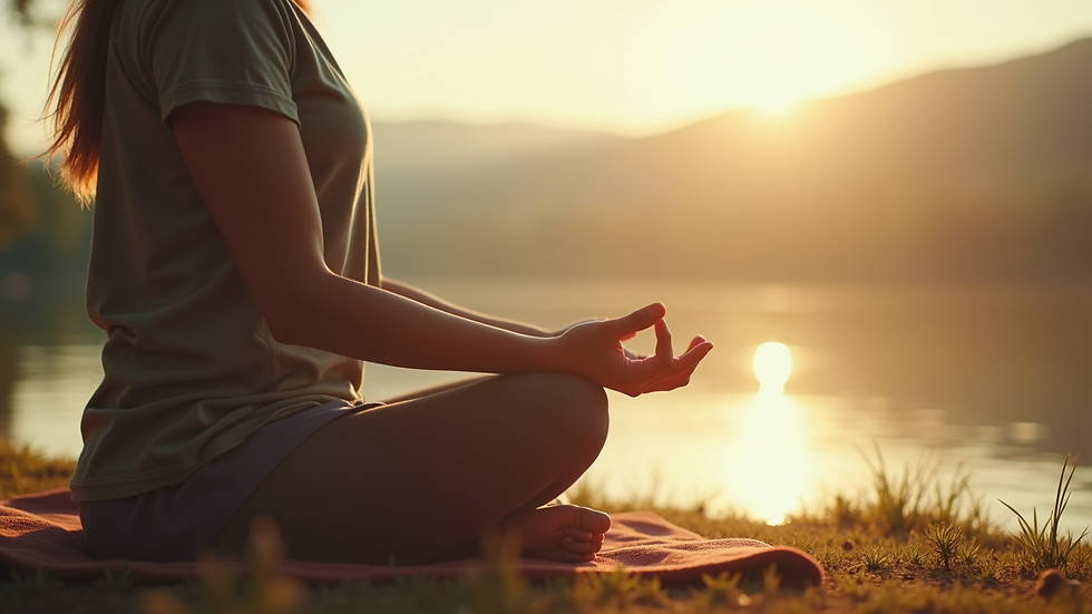 Close-up view of a person meditating outdoors with a serene background