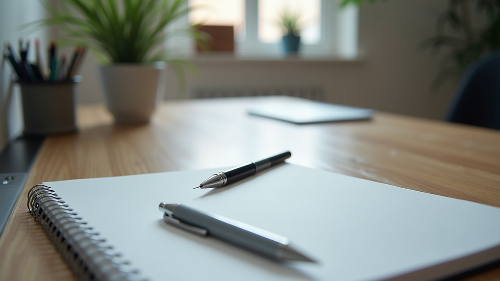 Eye-level view of a tidy desk with a notebook and pen
