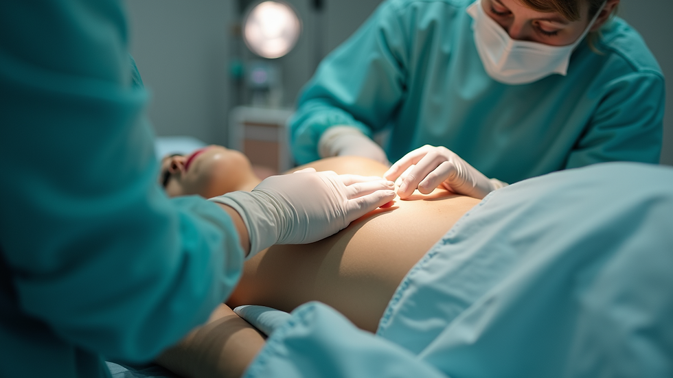 Close-up view of a person receiving HIEMT treatment on the abdomen